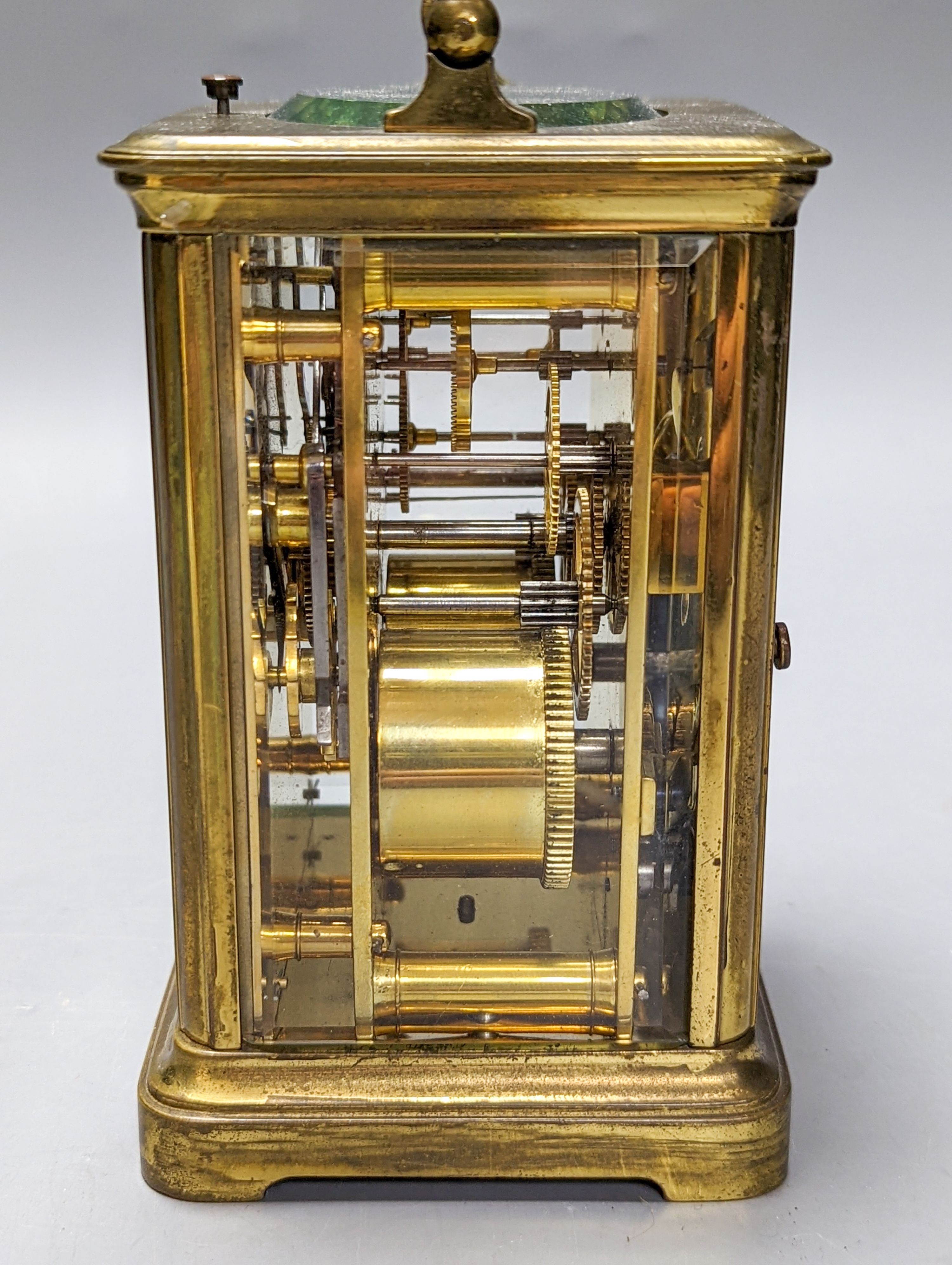 A French brass repeating carriage clock with key. 13.5cm